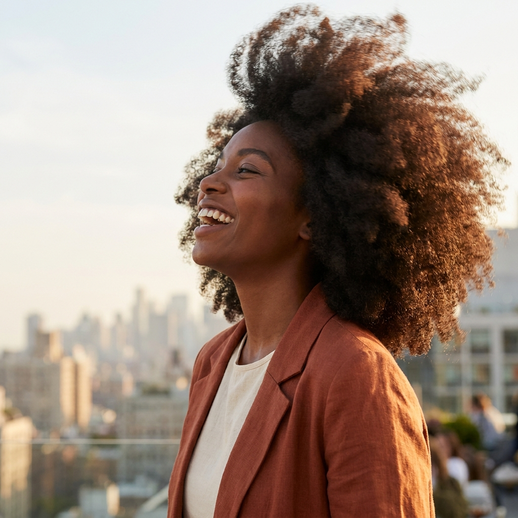 Woman with a full voluminous blowout laughing on a golden-hour rooftop, hair mid-bounce