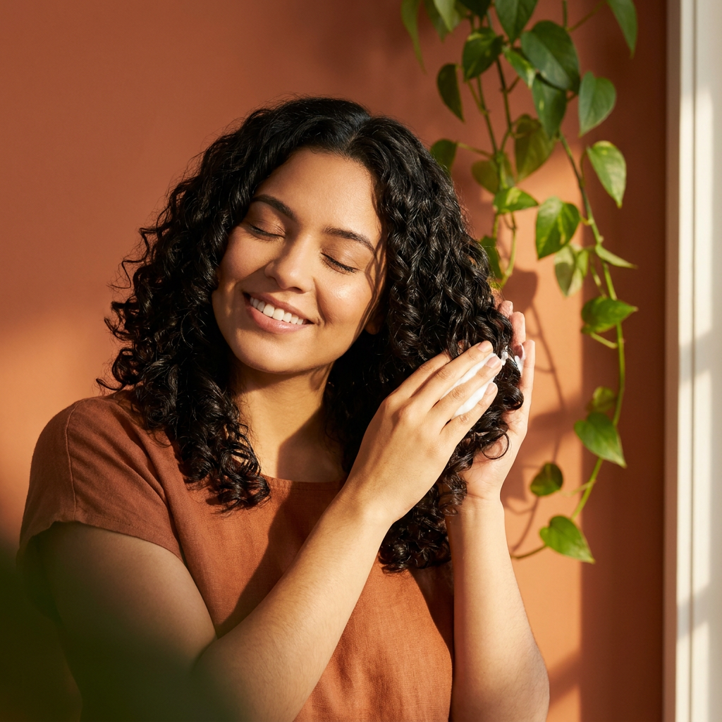 Woman scrunching curl cream into defined spiral curls against a terracotta wall