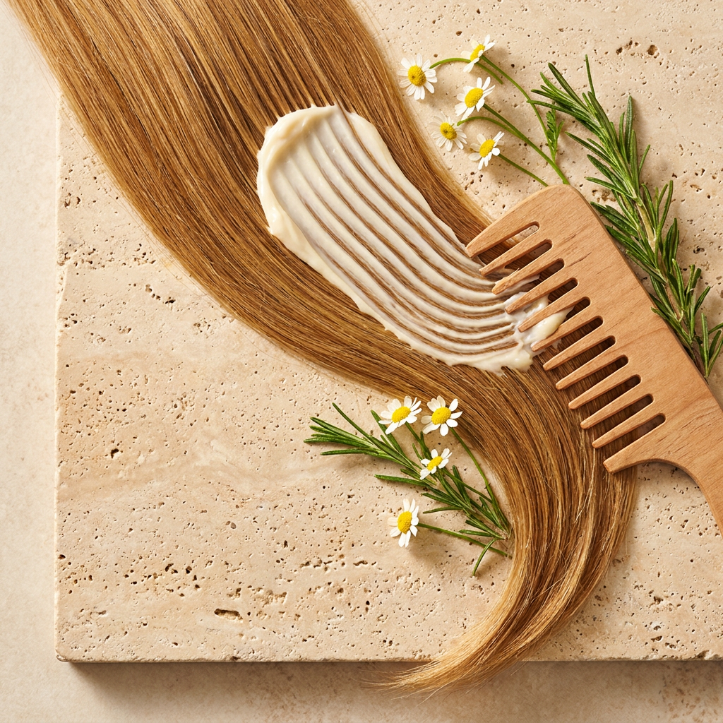 Rich repair masque combed through honey-brown hair beside rosemary and chamomile sprigs