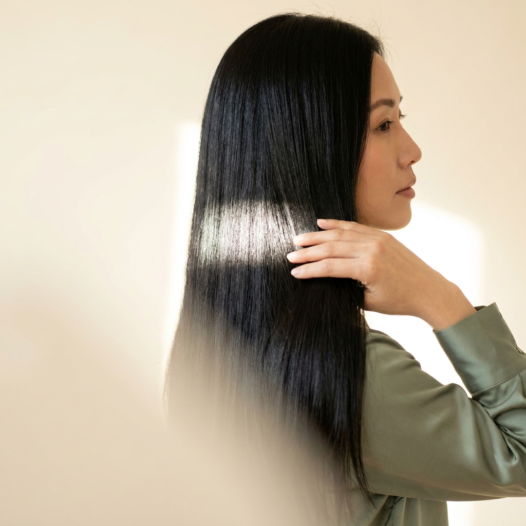 Woman gliding a hand down a sheet of perfectly smooth glass-shine black hair