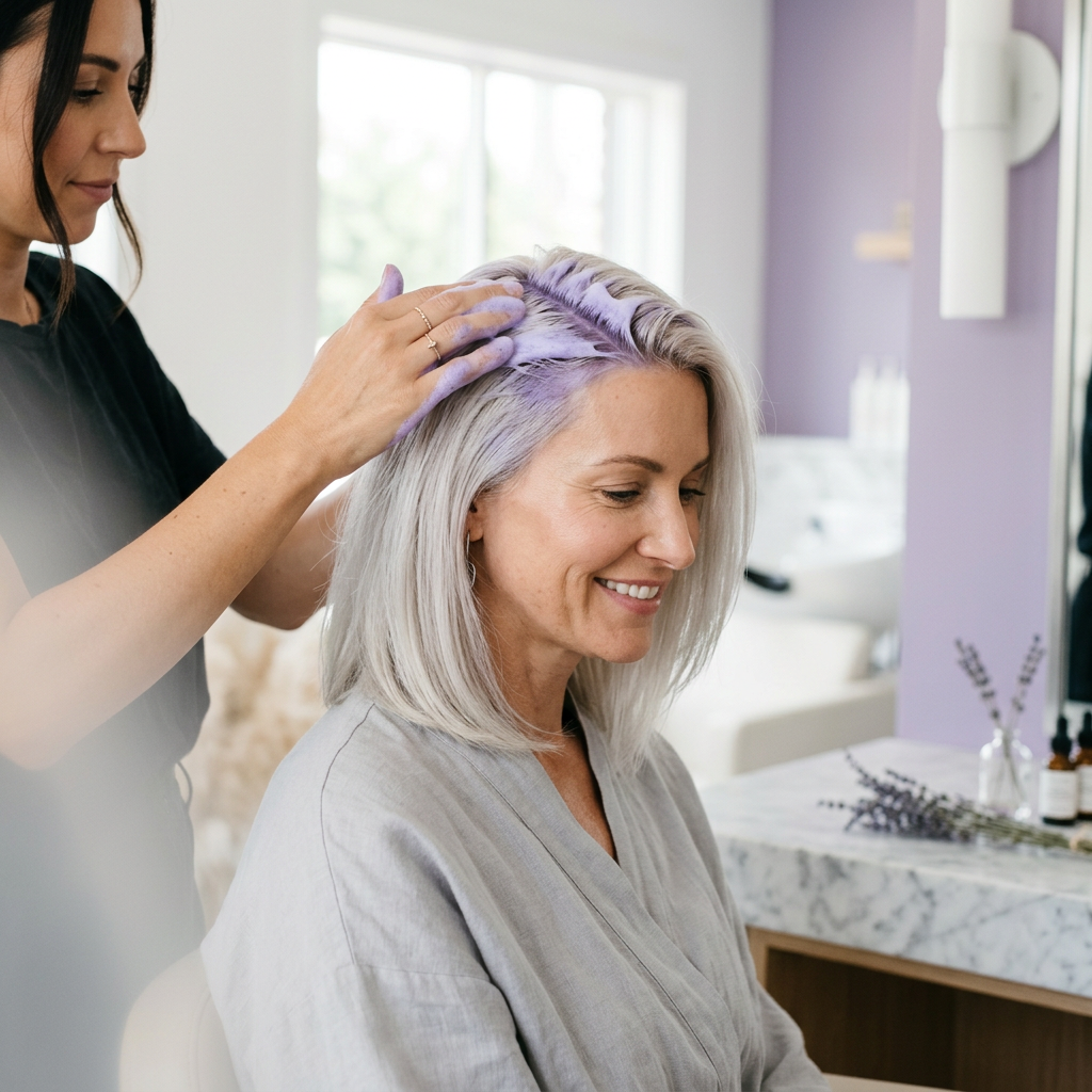 Violet toning foam being applied to cool platinum blonde hair in bright salon light