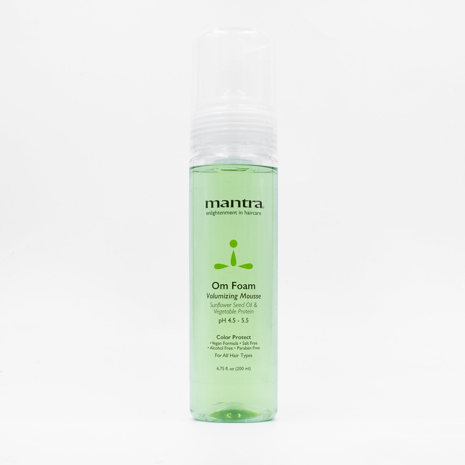Mantra Om Foam Volumizing Mousse, clear bottle of green liquid with white foam pump, white background
