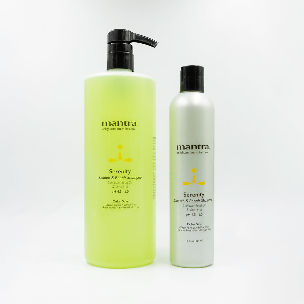 Mantra Serenity Smooth and Repair shampoo in both sizes, liter pump bottle beside the 12 oz bottle, sunflower seed oil and vitamin E