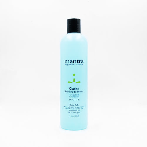 Mantra Clarity Purifying Shampoo in a light aqua blue 12 oz bottle with black cap