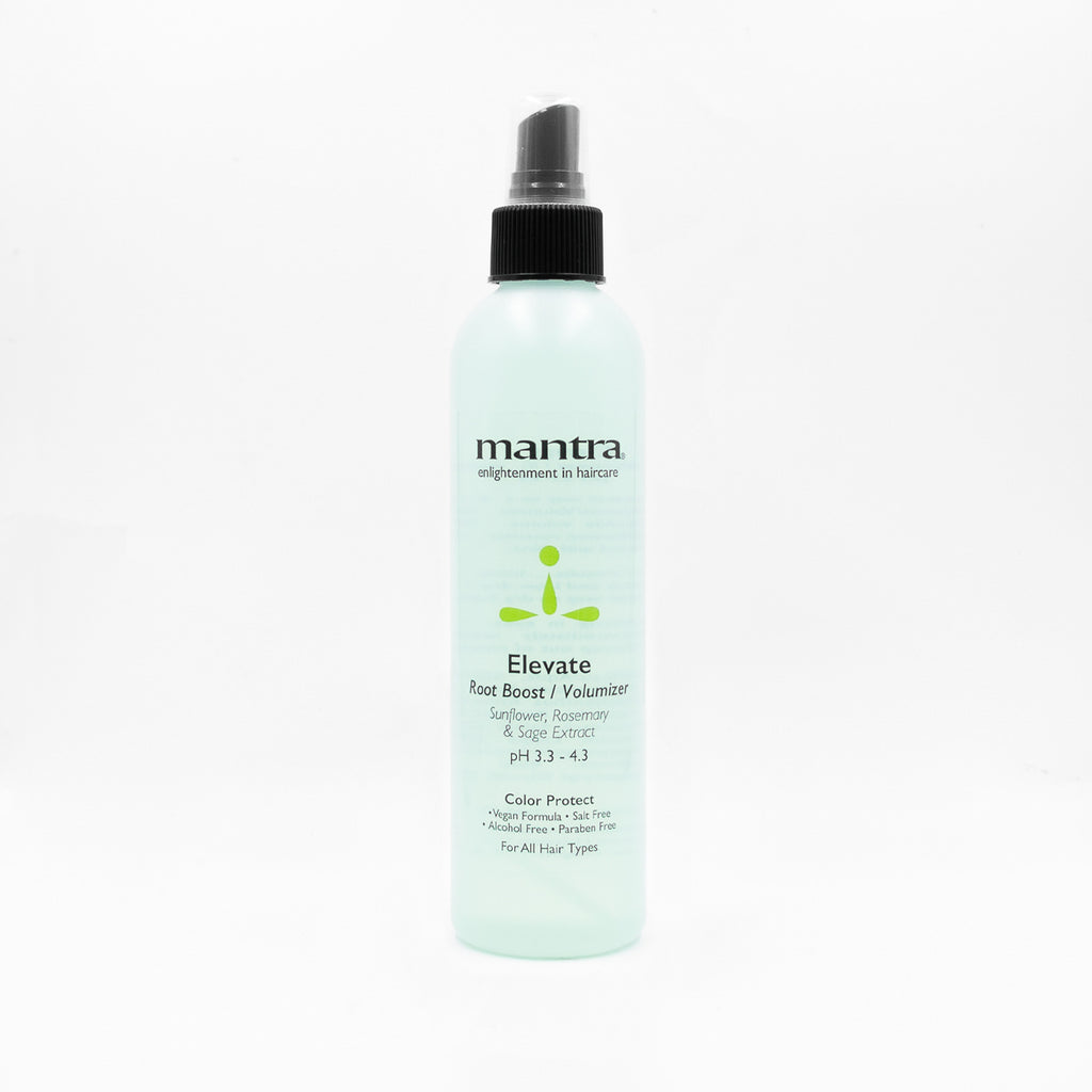 Mantra Elevate Root Boost Spray in a pale mint green spray bottle with grey nozzle on a white background