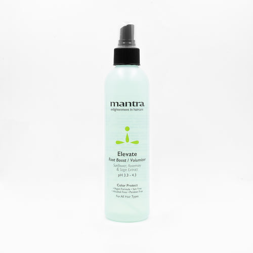 Mantra Elevate Root Boost Spray in a pale mint green spray bottle with grey nozzle on a white background
