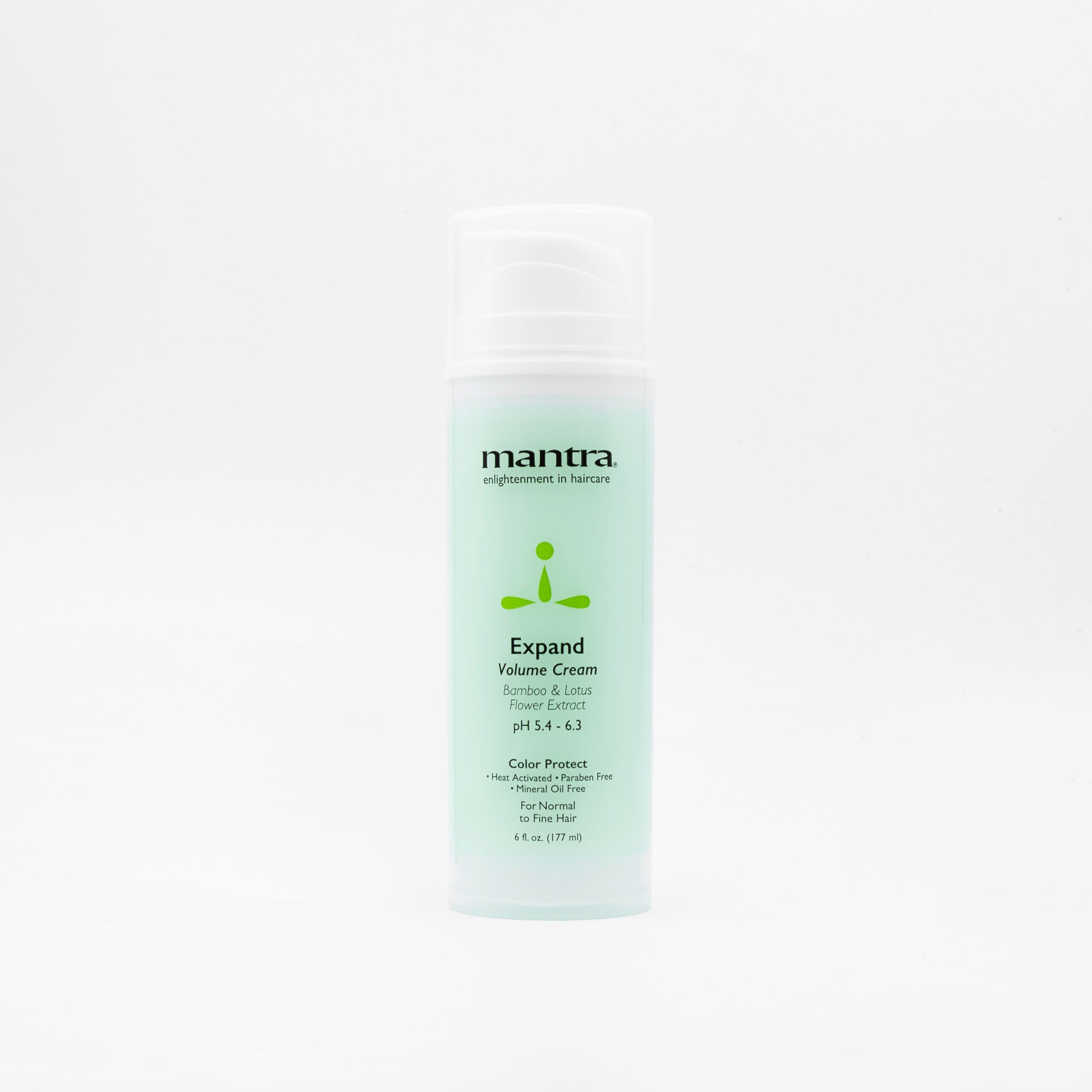 Mantra Expand Volume Cream in a mint green 6 fl oz pump bottle on white background