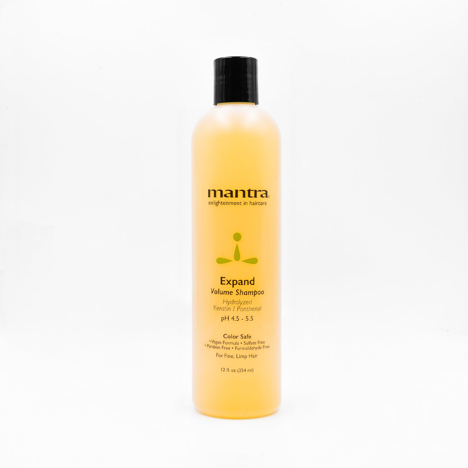 Mantra Expand Volume Shampoo in a golden amber 12 oz bottle with black cap, white background