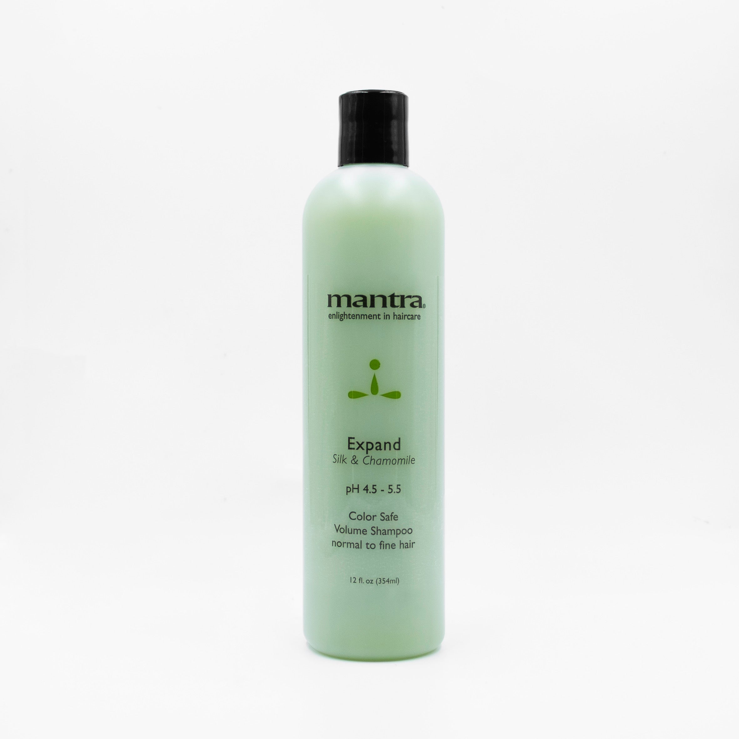 Mantra Expand volume shampoo in a pale green 12 oz flip-cap bottle on white