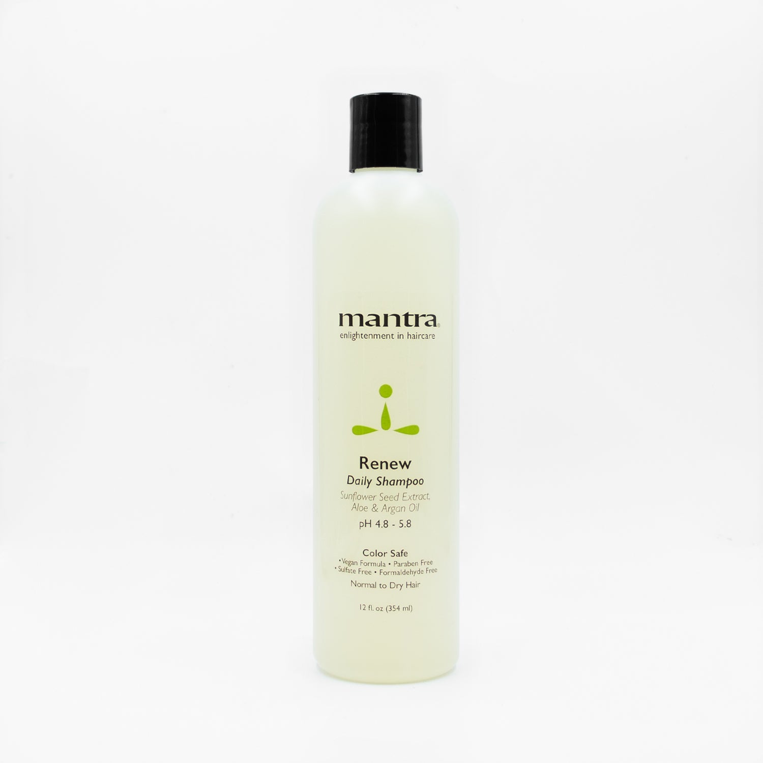 Mantra Renew Daily Shampoo in a pale green 12 oz bottle with black cap on white