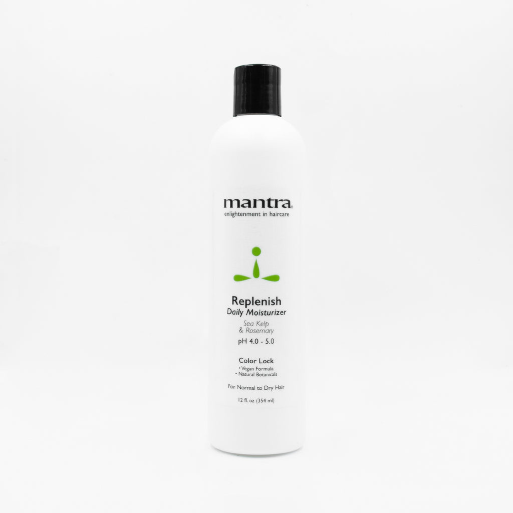 Mantra Replenish Daily Moisturizer conditioner, white 12 oz bottle with black cap, plain white background