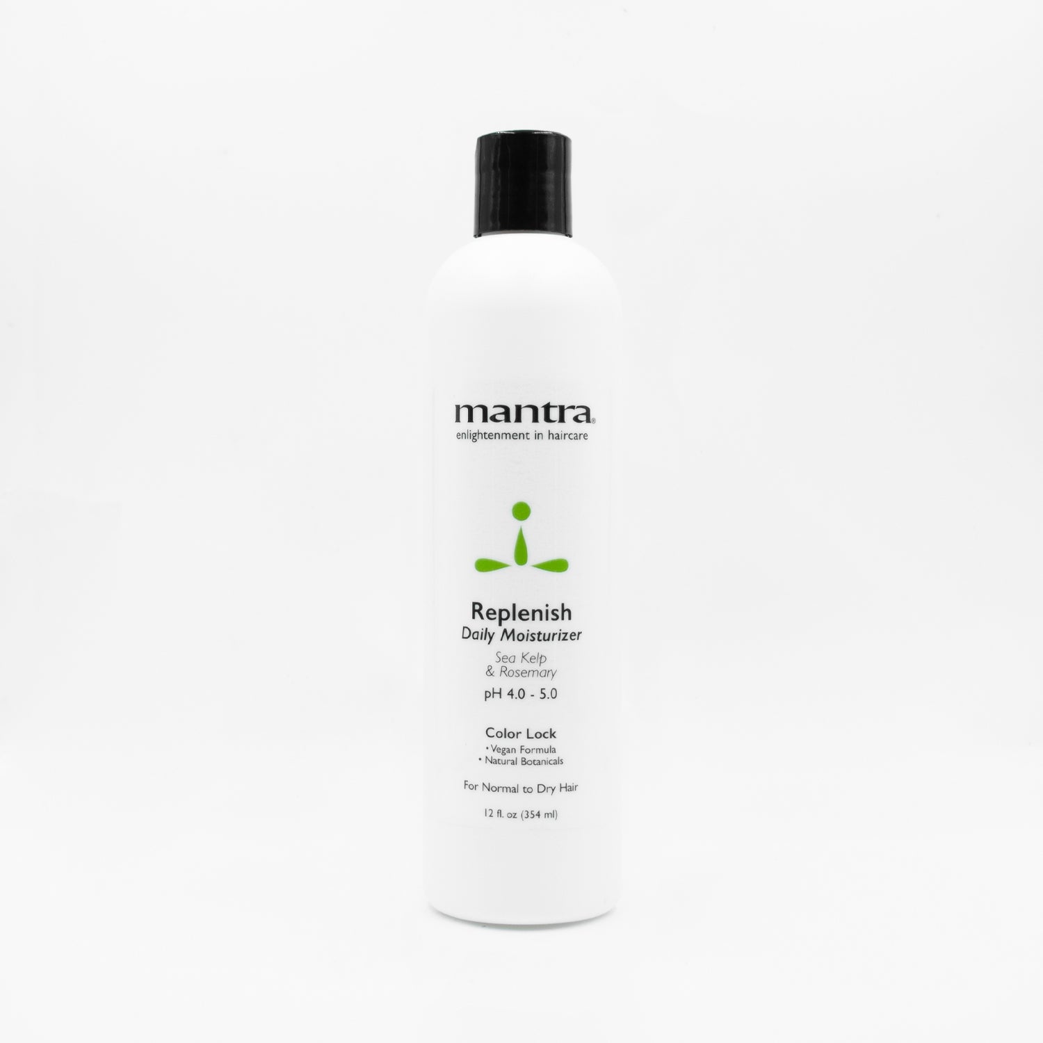 Mantra Replenish Daily Moisturizer conditioner, white 12 oz bottle with black cap, plain white background