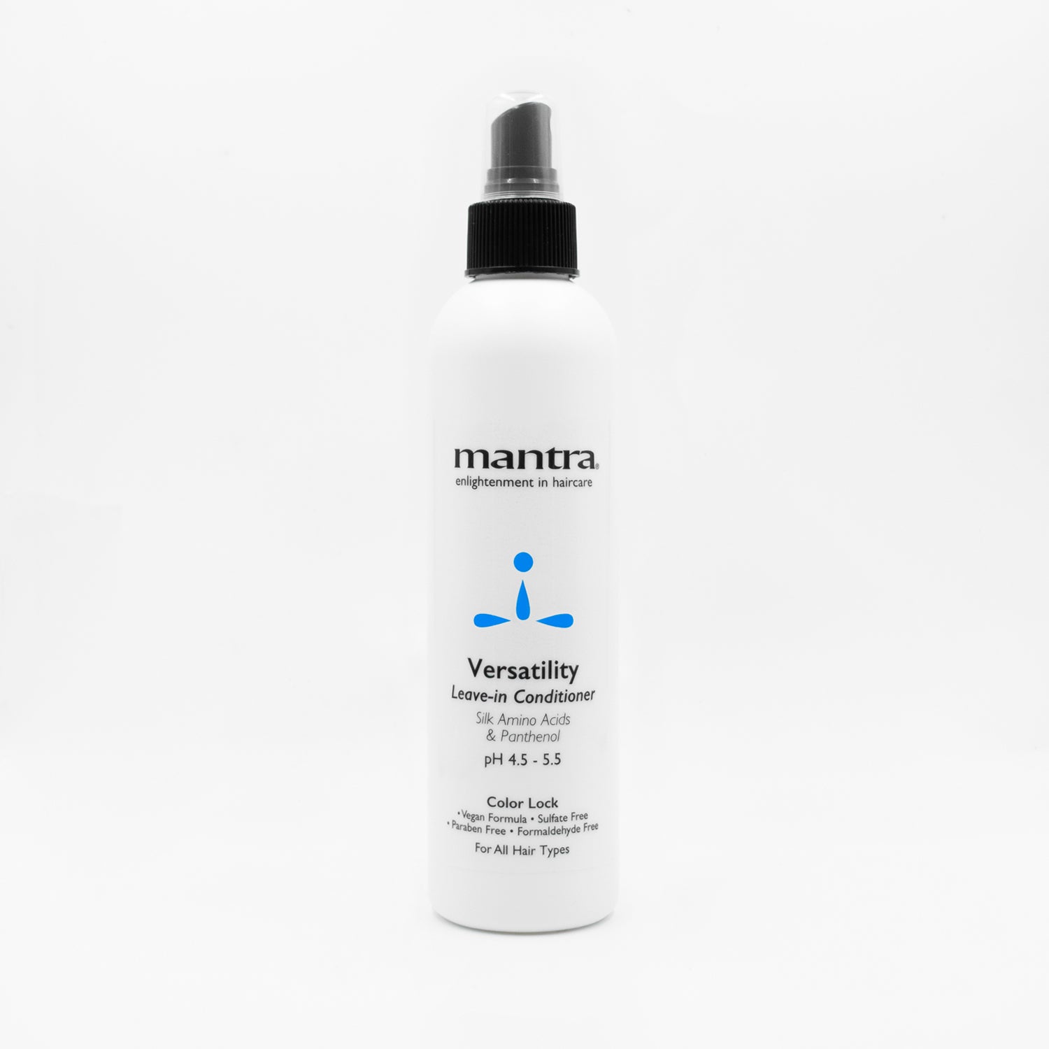 Mantra Versatility Leave-In Conditioner in a white spray bottle with black pump nozzle, white background