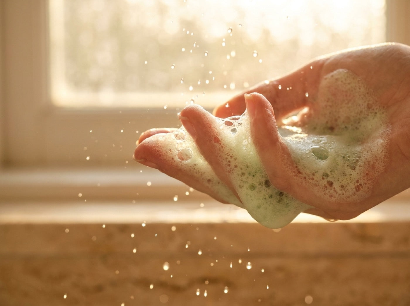 Rich pale-green shampoo lather in a cupped hand, backlit by golden window light