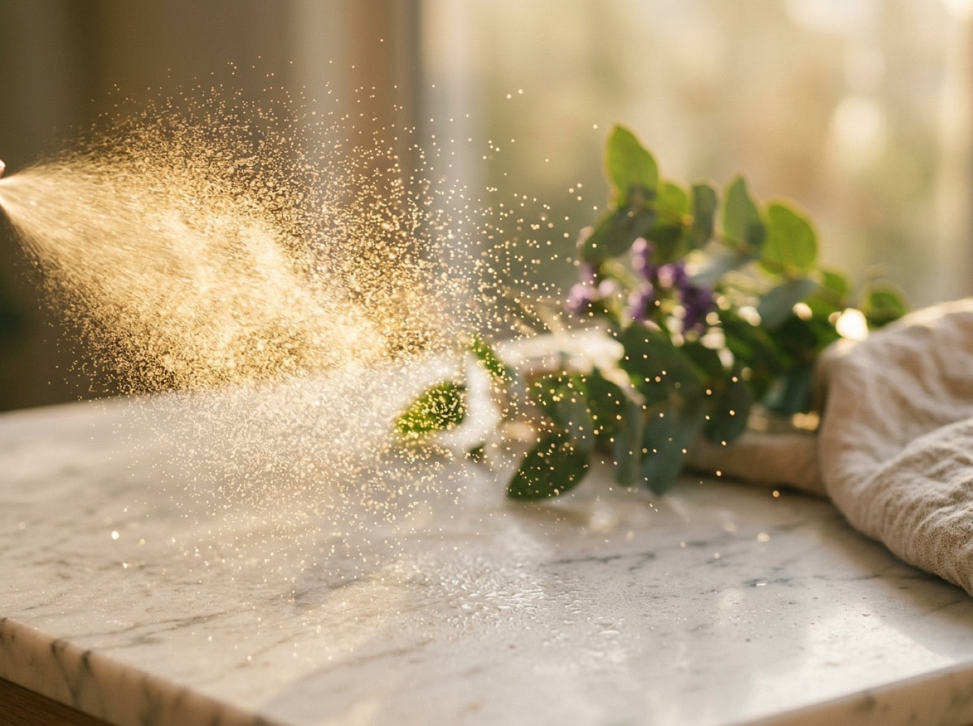 Fine golden mist of hair spray suspended over a marble counter with eucalyptus