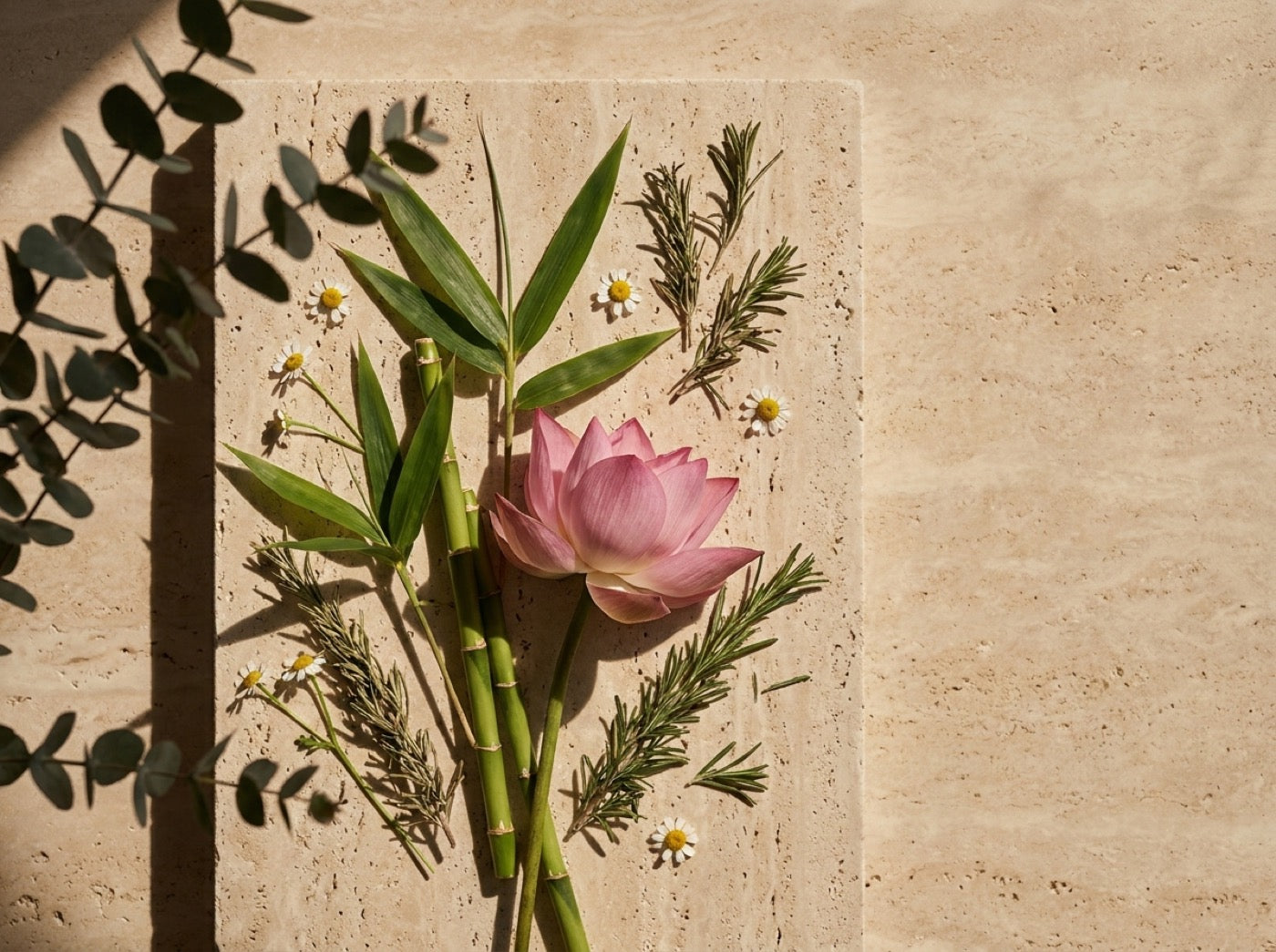 Bamboo, lotus, rosemary and chamomile arranged on warm travertine stone