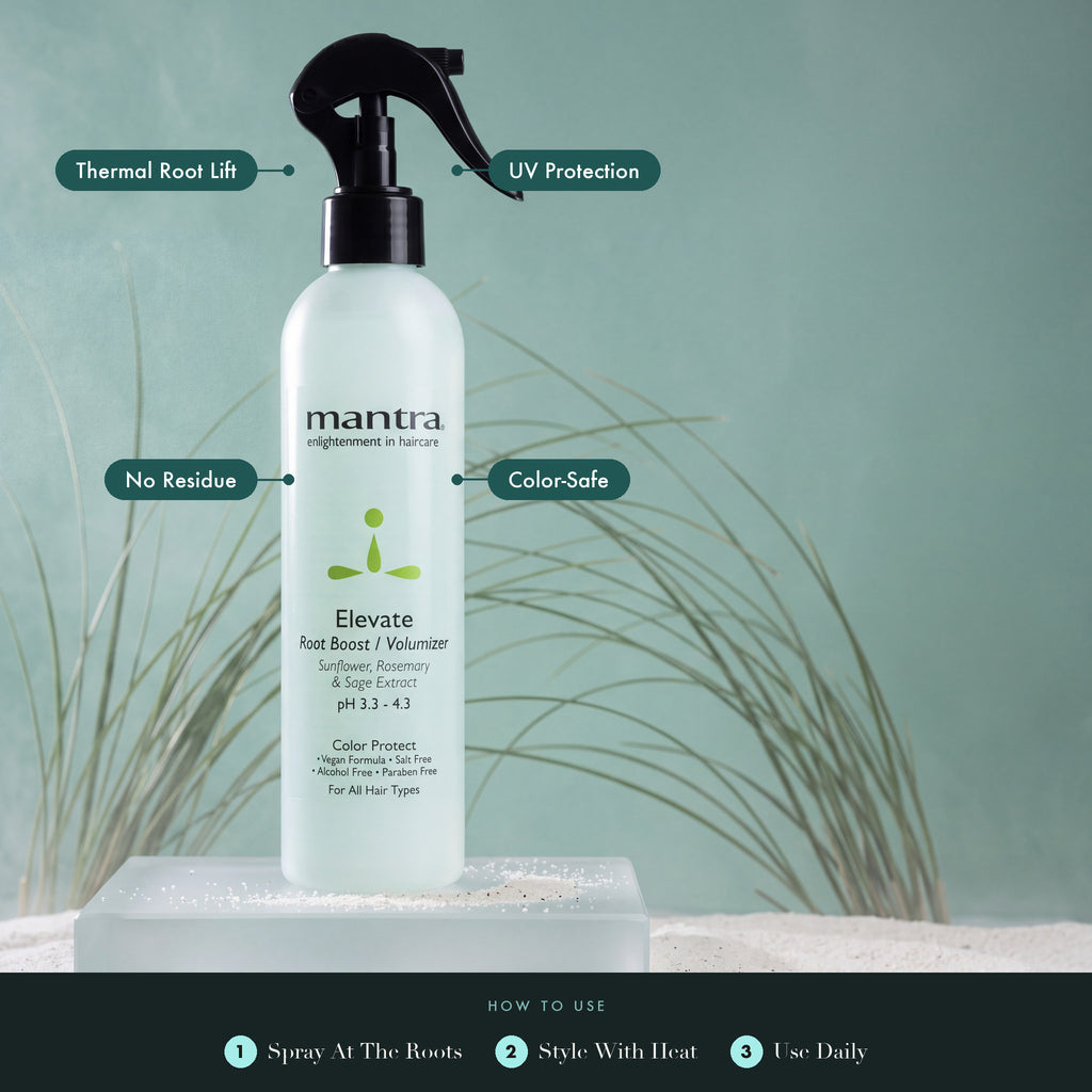 Mantra Elevate Root Boost Spray on frosted glass with dune grass: thermal root lift, UV protection, no residue, color-safe. How to use: spray at the roots, style with heat, use daily