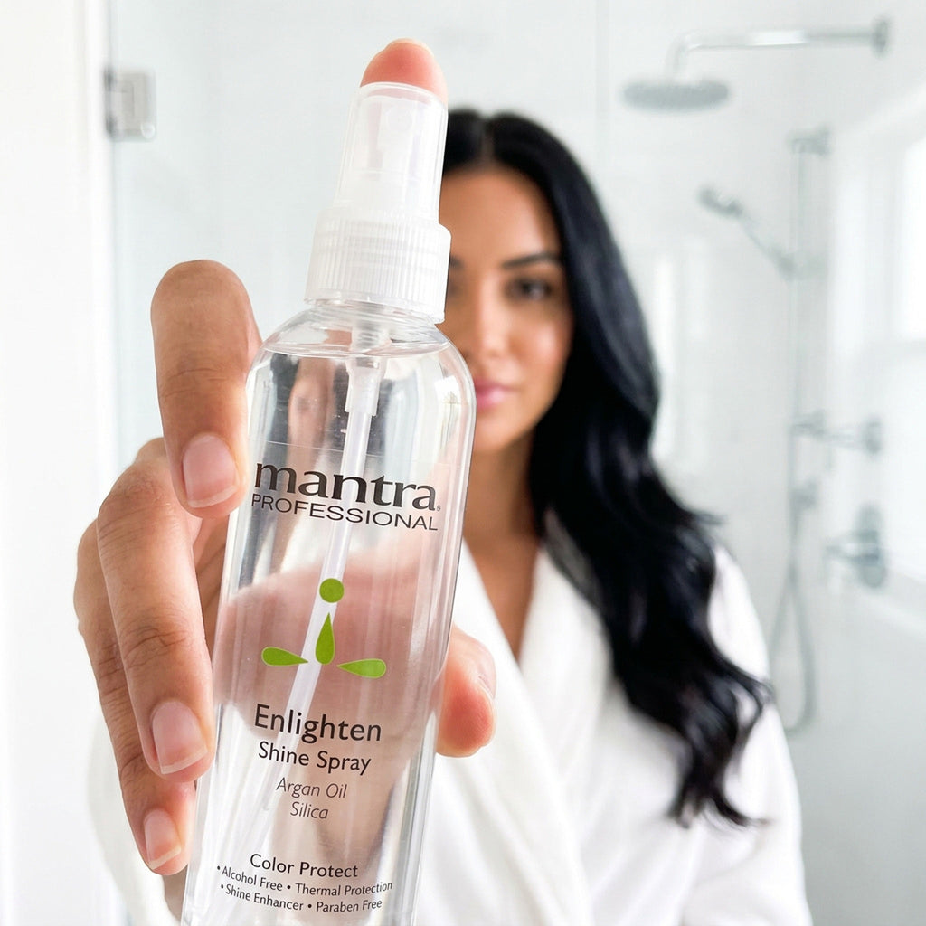 Woman with glossy hair holding a bottle of Mantra Enlighten Shine Spray up to the camera