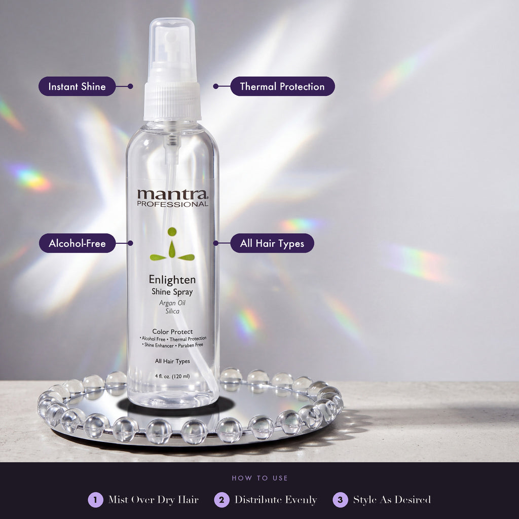 Mantra Enlighten Shine Spray on a chrome disc with glass spheres and prism light: instant shine, thermal protection, alcohol-free, all hair types. How to use: mist over dry hair, distribute evenly, style as desired
