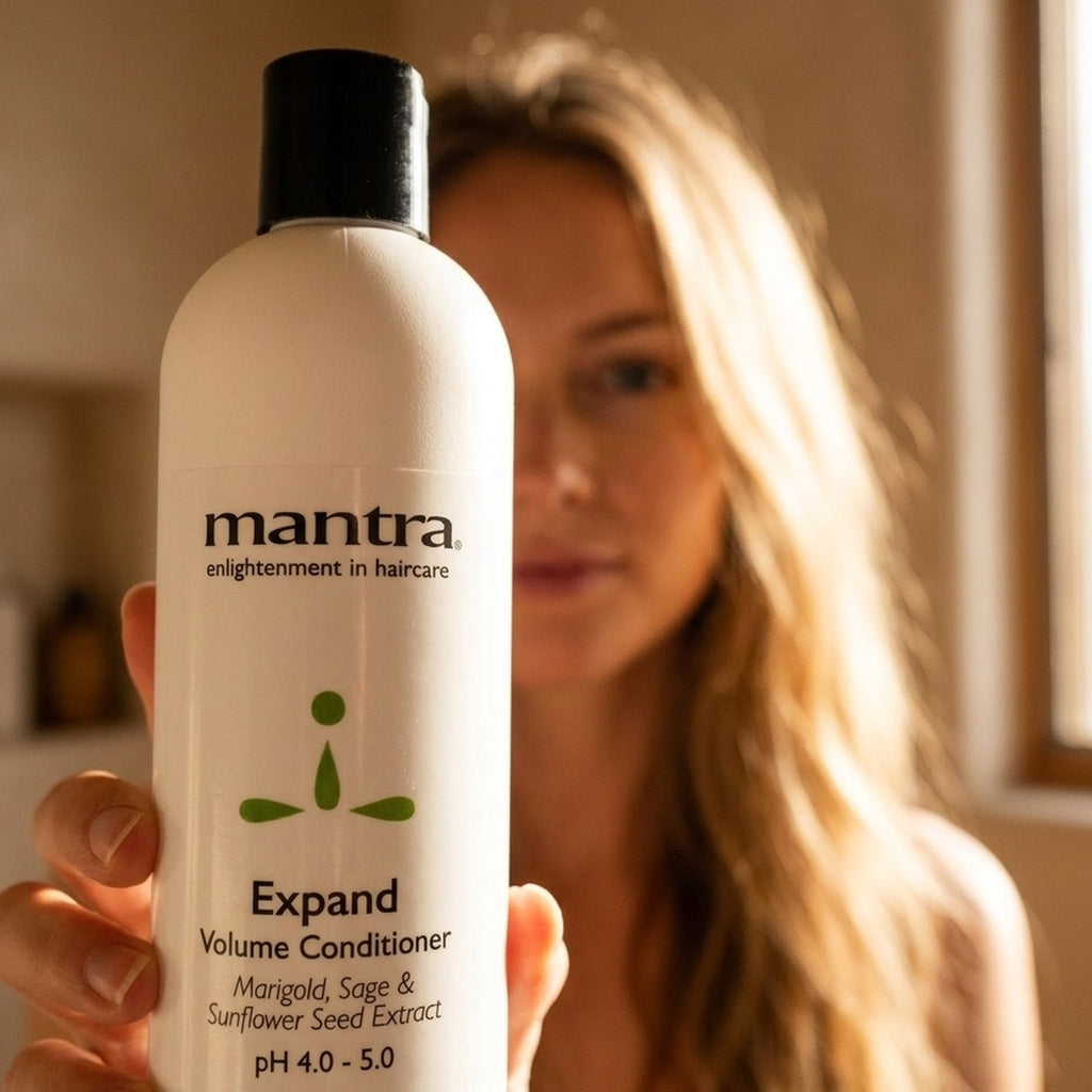 Woman with full lifted hair holding a bottle of Mantra Expand Volume Conditioner up to the camera