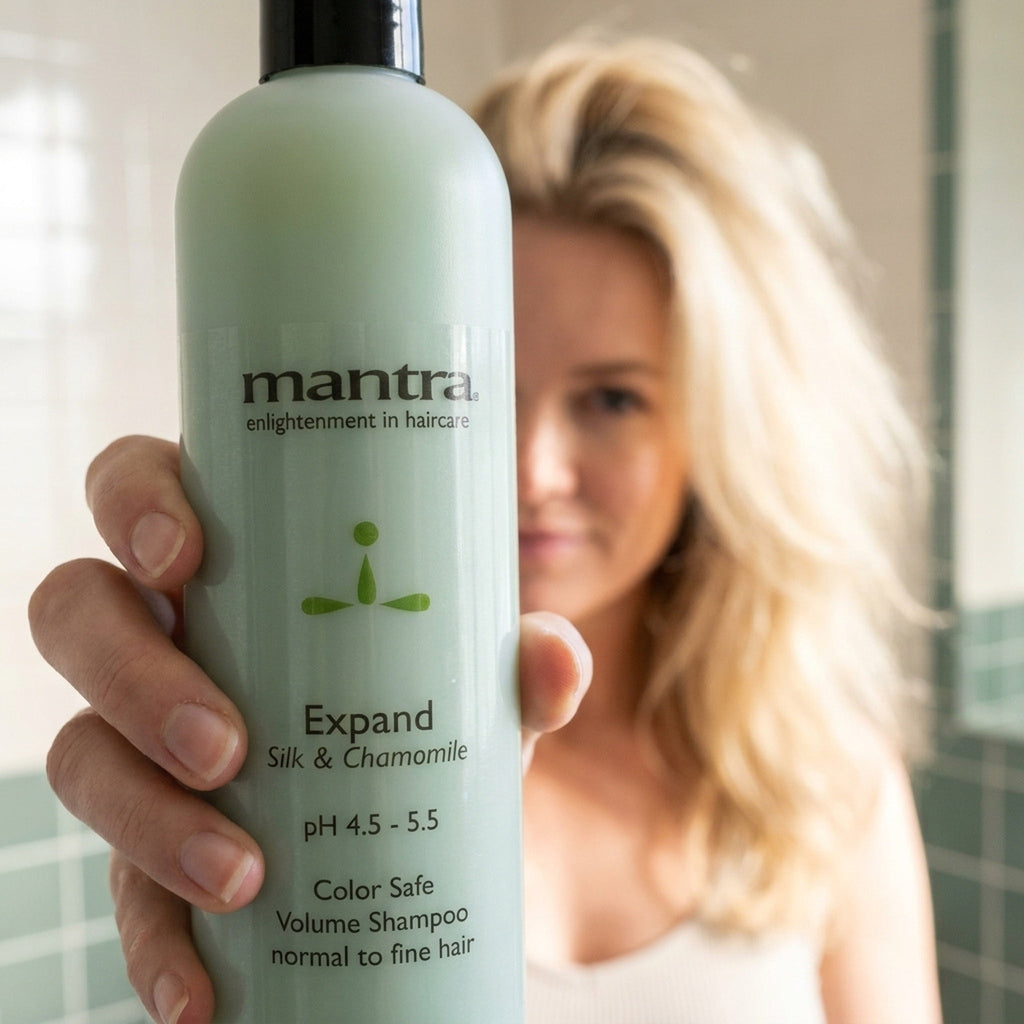 Woman with fine lifted hair holding a bottle of Mantra Expand Shampoo Original up to the camera