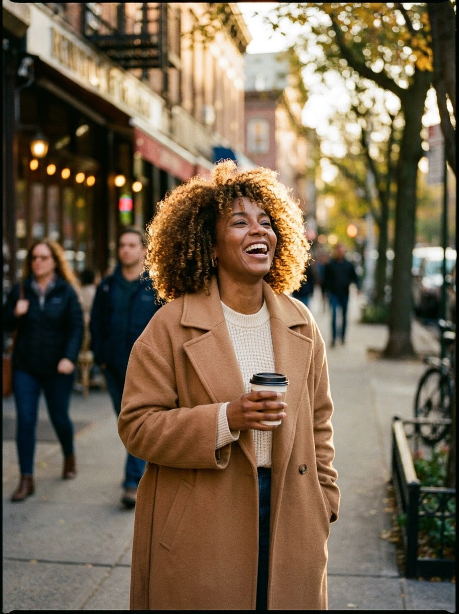 Woman with glowing defined curls laughing on a golden-hour city street