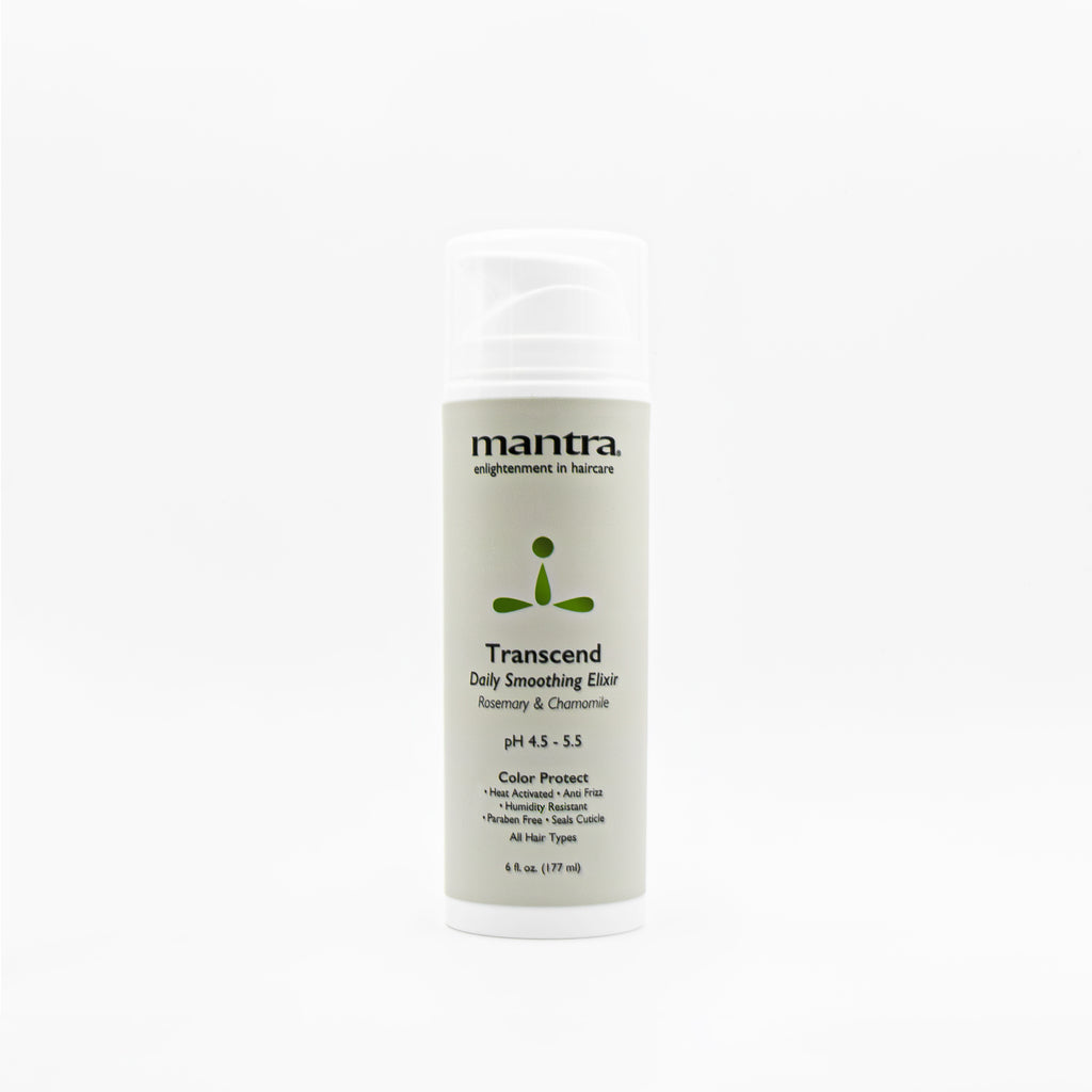 Mantra Transcend Daily Smoothing Elixir, sage 6 fl oz pump bottle with rosemary and chamomile, front view on white background