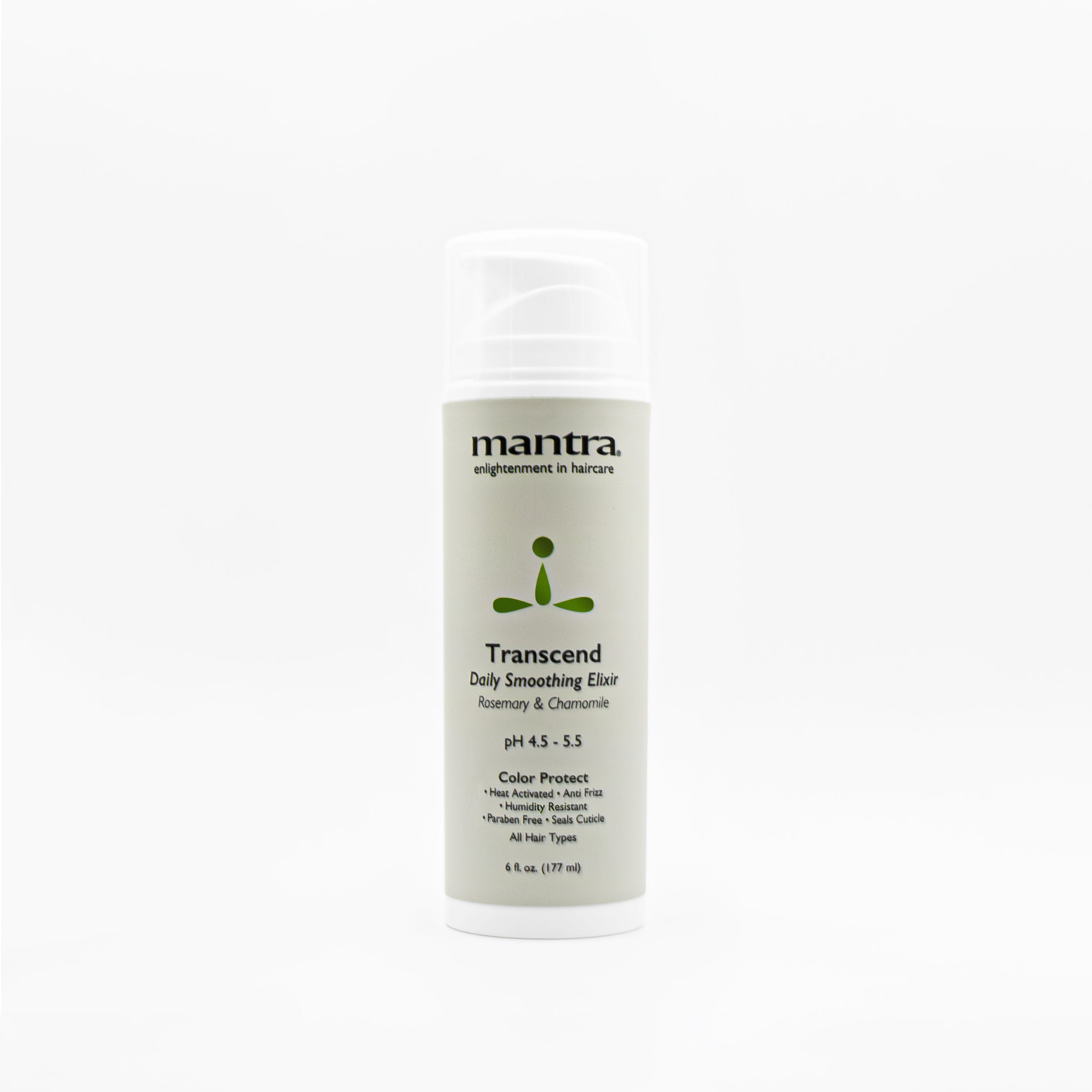 Mantra Transcend Daily Smoothing Elixir, sage 6 fl oz pump bottle with rosemary and chamomile, front view on white background
