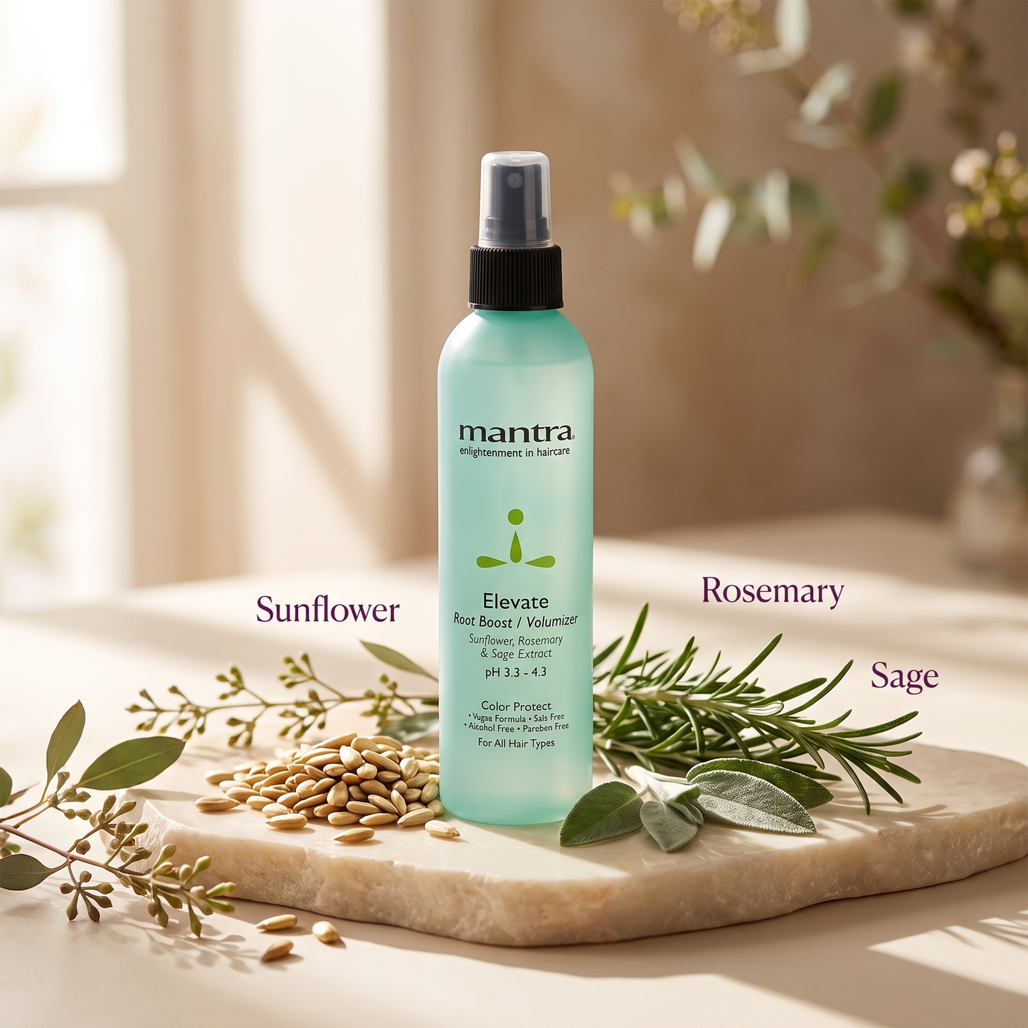 Mantra Elevate Root Boost Spray ingredients panel: sunflower, rosemary, and sage
