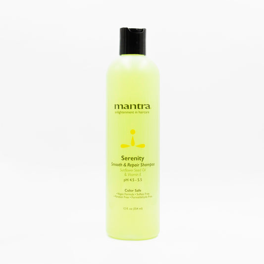Mantra Serenity Smooth and Repair Shampoo bottle on white background