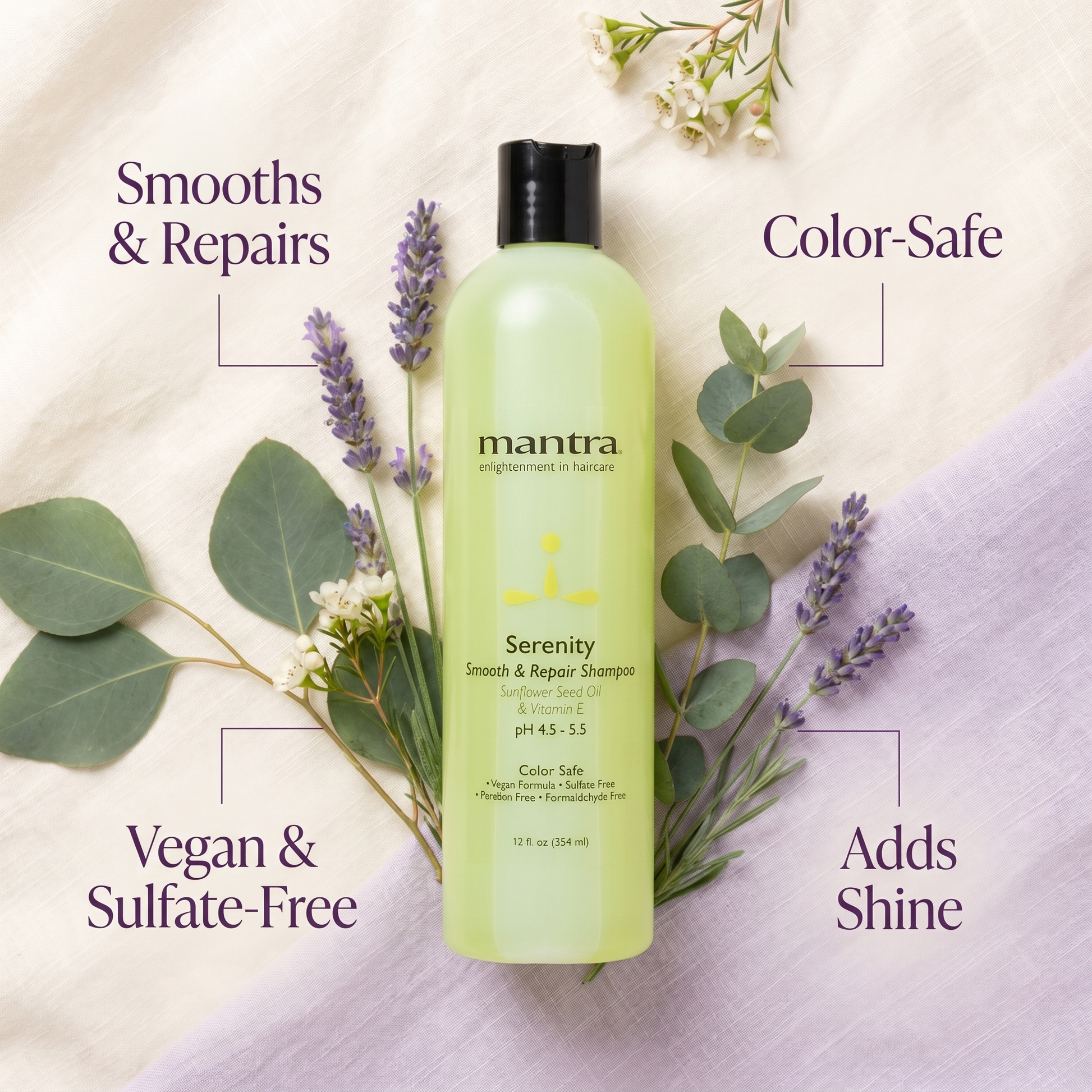 Mantra Serenity Smooth and Repair Shampoo benefits panel: smooths and repairs, color-safe, vegan and sulfate-free, adds shine