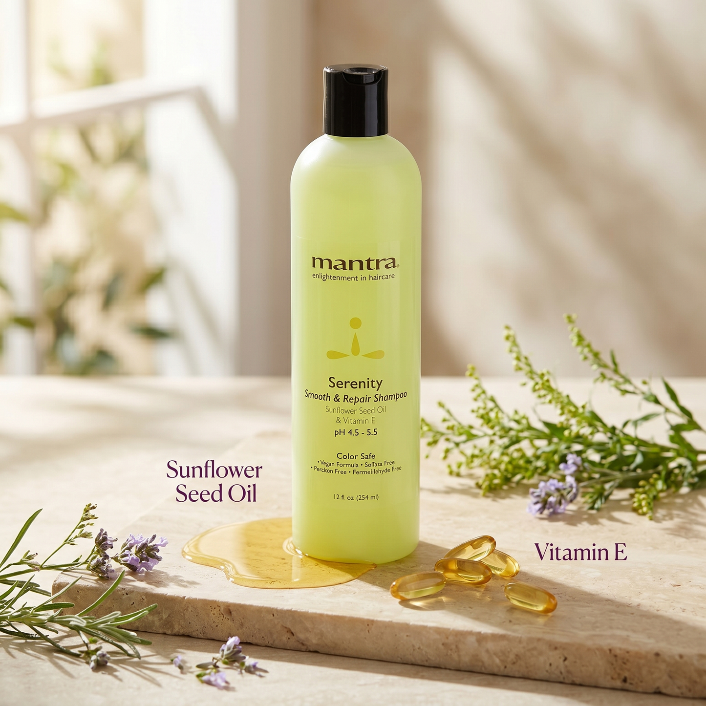 Mantra Serenity Smooth and Repair Shampoo key ingredients panel: sunflower seed oil and vitamin E