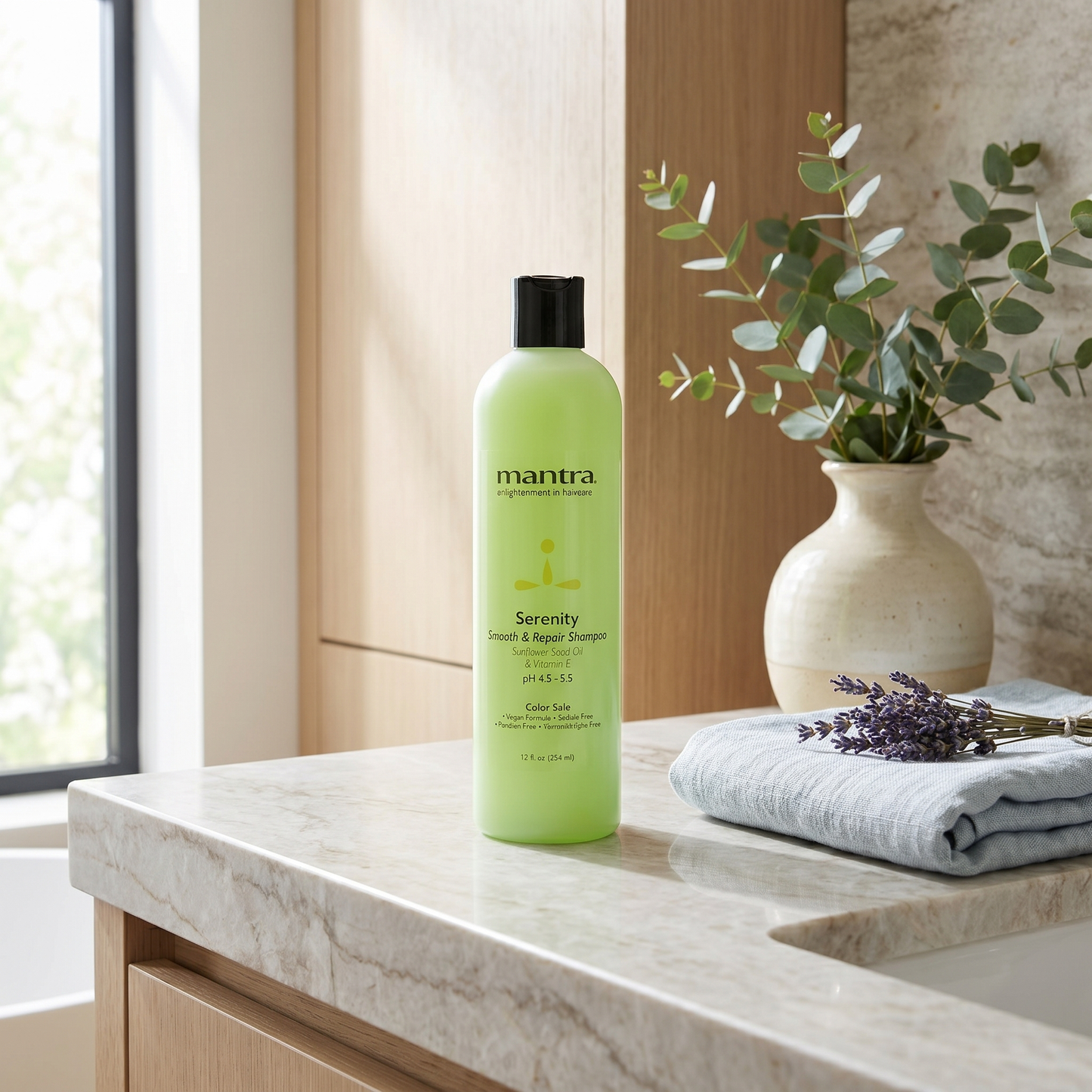 Mantra Serenity Smooth and Repair Shampoo lifestyle scene on a bathroom counter with eucalyptus and lavender