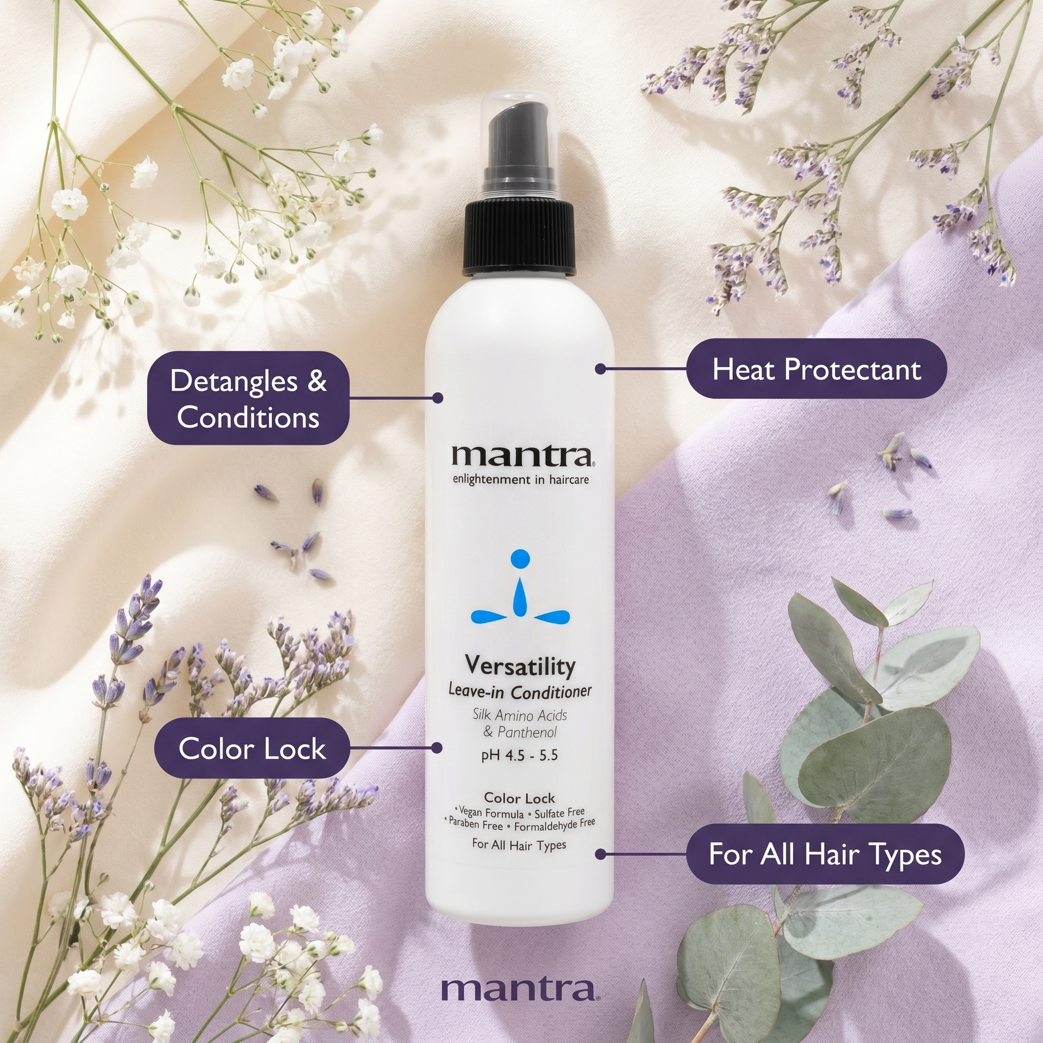 Mantra Versatility Leave-In Conditioner benefits panel: detangles and conditions, heat protectant, color lock, for all hair types