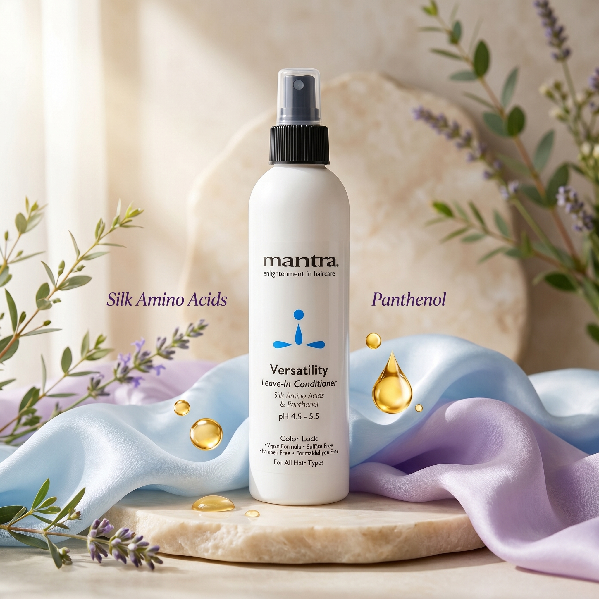 Mantra Versatility Leave-In Conditioner key ingredients panel featuring silk amino acids and panthenol