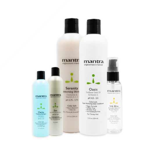 Mantra Smooth and Repair Trio Bag contents on white: Serenity Shampoo and Oasis Conditioner 12 oz, Silk Bliss serum, plus Zen and Clarity travel sizes