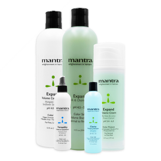 Mantra Volume Trio Bag contents on white: Expand Volume Shampoo and Conditioner 12 oz, Expand Volume Cream, plus Versatility and Clarity travel sizes