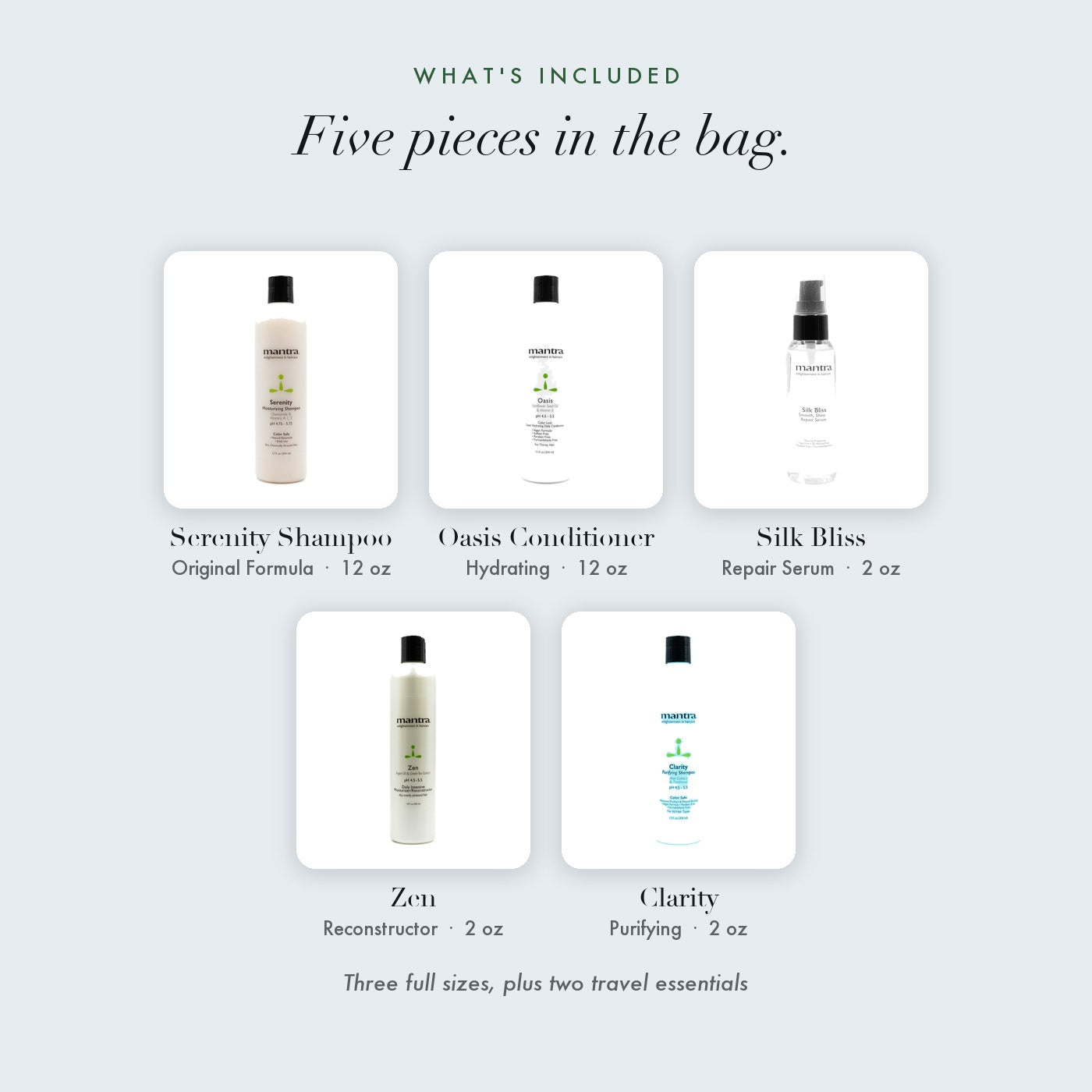 What is included in the Mantra Smooth and Repair Trio Bag: Serenity Shampoo 12 oz, Oasis Conditioner 12 oz, Silk Bliss Repair Serum 2 oz, plus Zen and Clarity travel sizes
