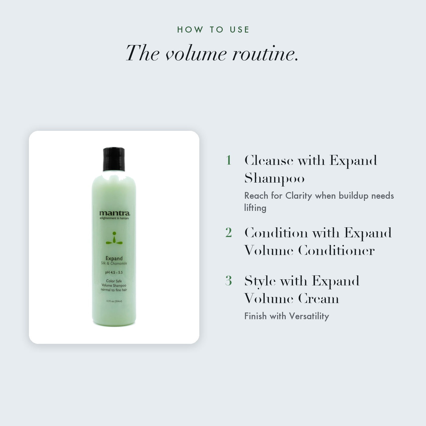 The Mantra Volume Trio routine: cleanse with Expand Shampoo, condition with Expand Volume Conditioner, style with Expand Volume Cream and finish with Versatility