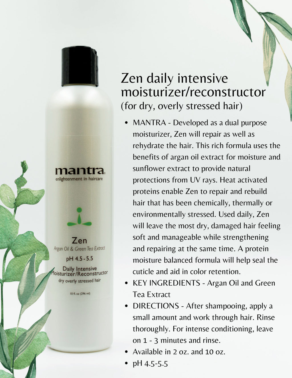 Mantra Zen Daily Intensive Moisturizer Reconstructor product sheet with argan oil and green tea extract benefits and directions